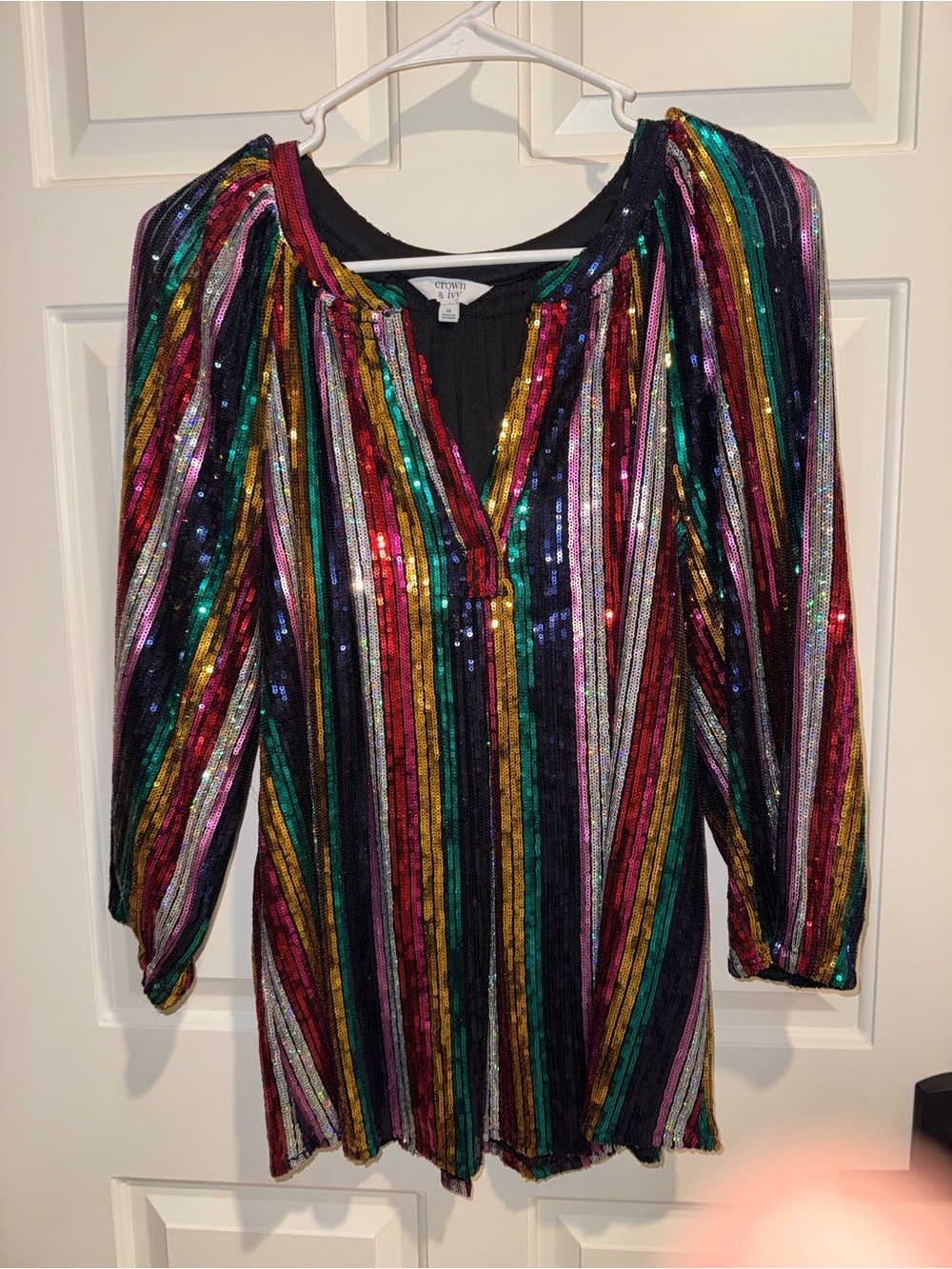 crown & ivy Multicolor Sequin Stripe V-Neck Tunic